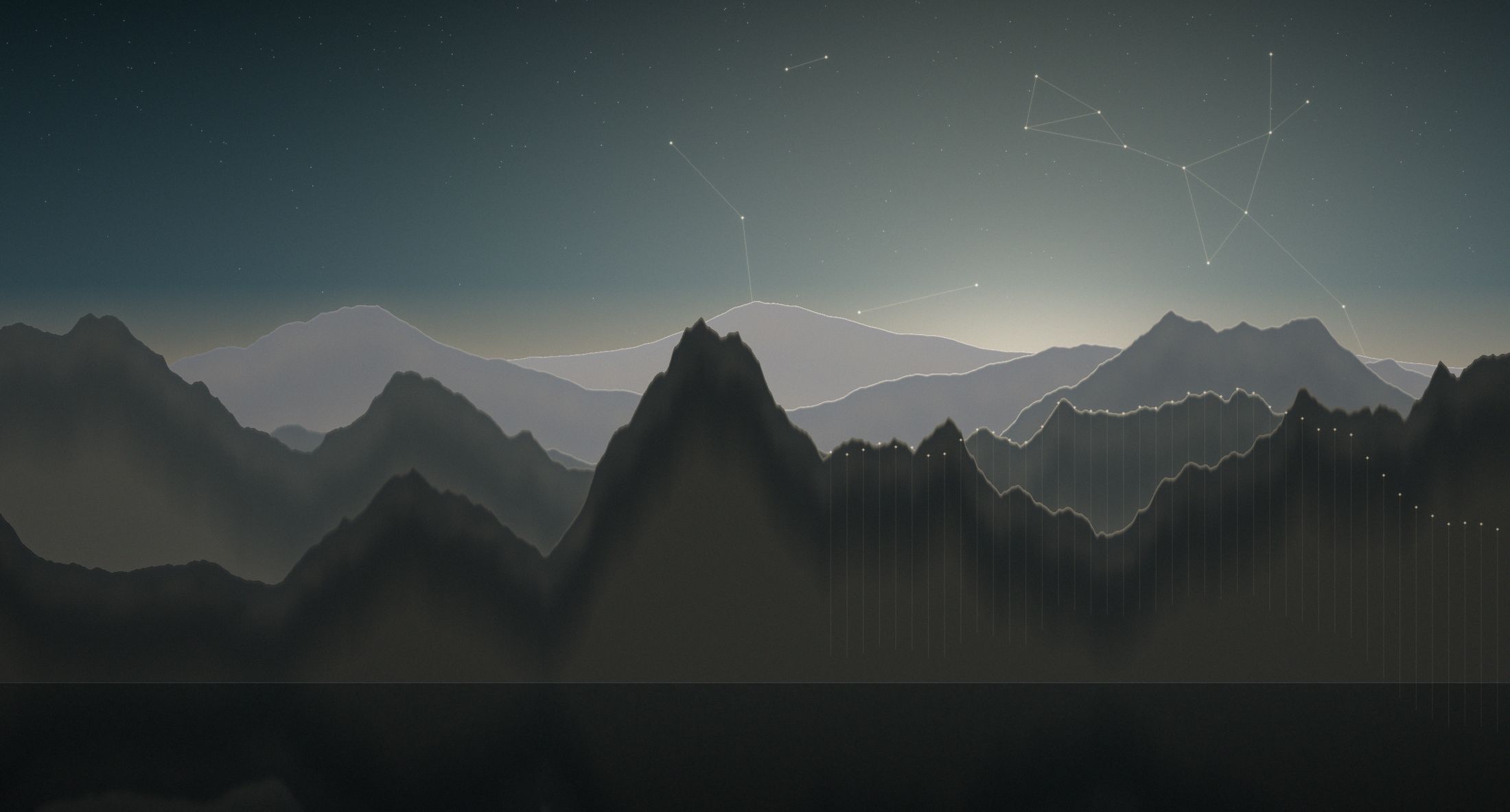 Layered mountain ranges at first light, overlaid with a fine data mesh
